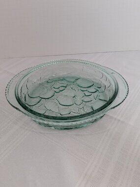 Vintage Libbey Glass 9 Inch Pie Plate Orchard Fruit Green Embossed